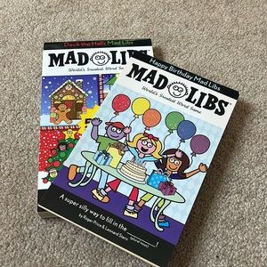 Mad Libs happy birthday puzzle book and Mad Libs 5 in 1 Christmas themed book